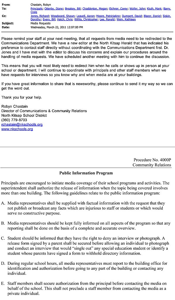 Top: A media relations directive sent by Communications Director Robyn Chastain to school administrators and principals. Bottom: Chastain's directive conflicts with the Public Information procedures adopted by the school board