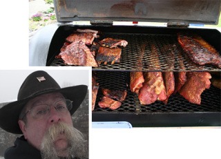 The Boucanier: Patrick J. Momany (inset) and a fine rack of smoked ribs.