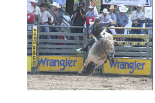 World champion bull rider J.W. Harris shoots out of the gate during Sunday’s Xtreme Bulls competition. Harris was bucked off