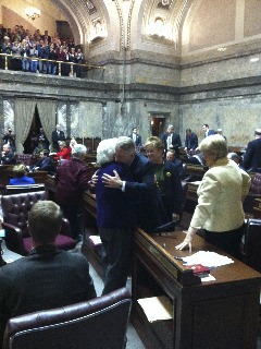 Sen. Ed Murray hugs Sen. Mary Margaret Haugen following the passage of ESSB 6239 in the Senate Feb. 1.