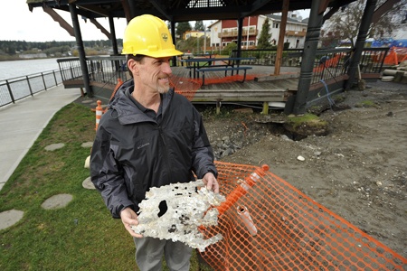 Poulsbo public works director Barry Loveless holds the remains of a drainage line that gave out at the Anderson Parkway creating a sinkhole that threatened the pavilion.