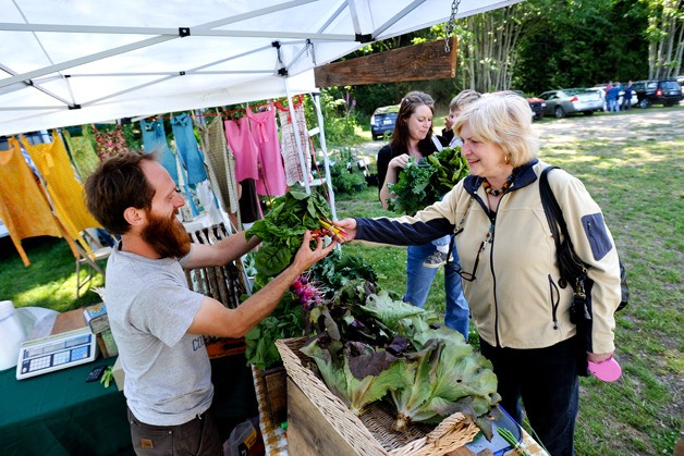 Poulsbo farmer Jared Hankins helps Tanya Johnson pick out fresh vegetables Wednesday at his stand in the Suquamish Farmers Market.