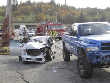 The crash scene in Gorst after a 21-year-old sailor was airlifted to Harborview Medical Center.