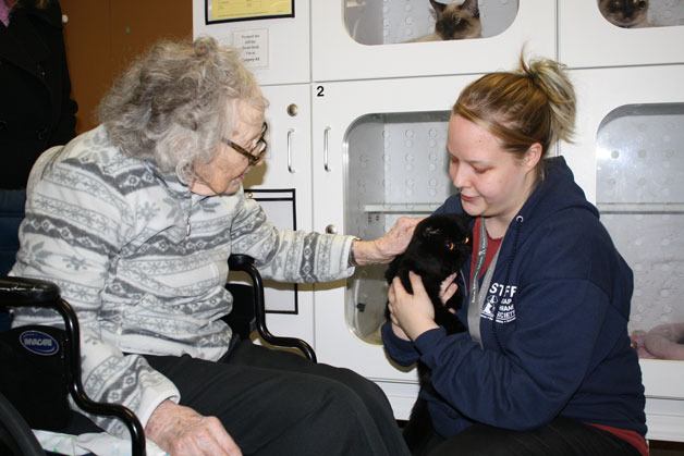 KHS founder Almeda Harris Wilson pets Squeaks the kitty who is being held by shelter employee Desiree Snively.