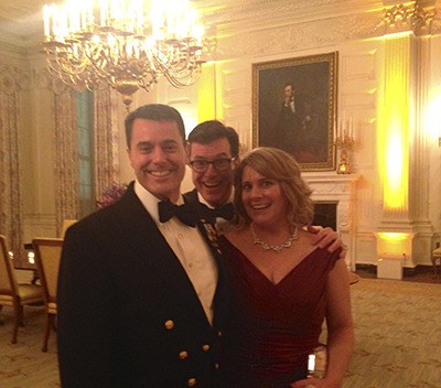 Dustin and Sarah Smiley pose with Stephen Colbert during a State Dinner party event.