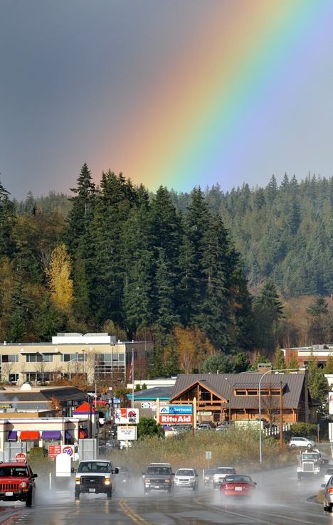 A rainbow appeared over State Route 305 on Tuesday afternoon. The weather has been wet for much of the week and this weekend’s forecast calls for much of the same.