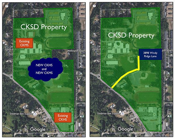 LEFT: A new high school and middle school is planned to be built in the center of the CK campus. RIGHT: A yellow line shows the location of a privately owned 20-foot easement