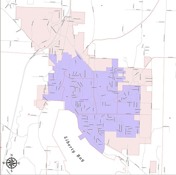 The boundaries of the Poulsbo Port District are shaded in purple; the  Poulsbo city limits are shaded pink. The port district proposes expanding its borders to the city limits