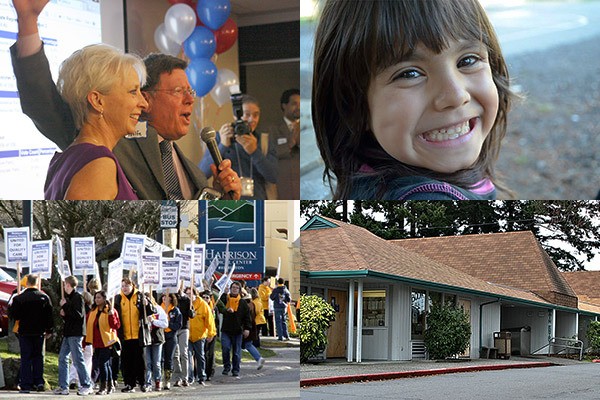 Clockwise from top left: Republican Ed Wolfe celebrates early returns that showed he was leading the Kitsap County District 3 race for county commissioner; Jenise Wright; The Silverdale Library; Harrison Medical Center employees picket outside the hospital.