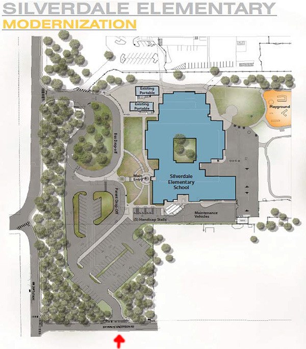 A propose new driveway entrance to Silverdale Elementary (red arrow).
