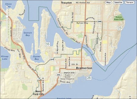 The green line shows the boundaries between the three legislative districts that divide the city of Bremerton.