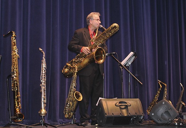 Rob Verdi plays a contrabass saxophone