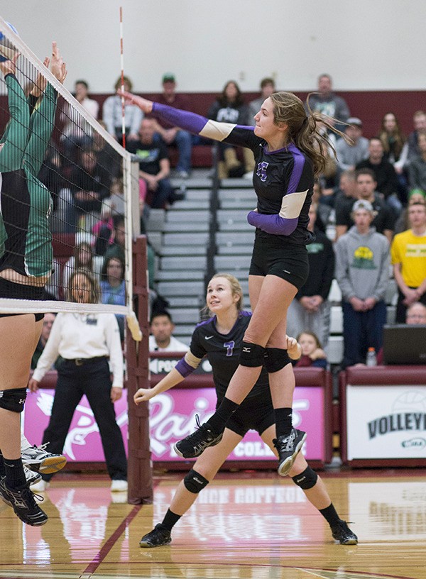 North Kitsap's Briar Perez gets a kill during the 2A Championship match against the Tumwater Thunderbirds Nov. 15 at Pierce College.
