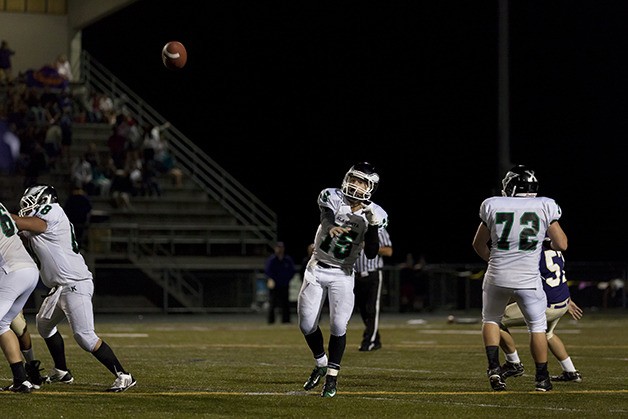 Quarterback Konner Langholff throws a pass during the Klahowya Eagles’ 34-29 loss on the road to the North Kitsap Vikings. The Eagles looked as if they would pull off a win.