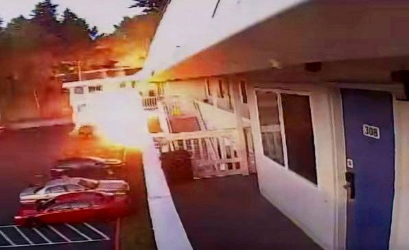 A frame-grab from a Bremerton Motel 6 security camera shows the moment the motel exploded Aug. 18.