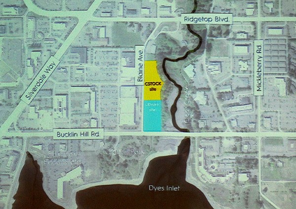 The CSTOCK site (in yellow) would be located just north of the new Silverdale library site (cyan).