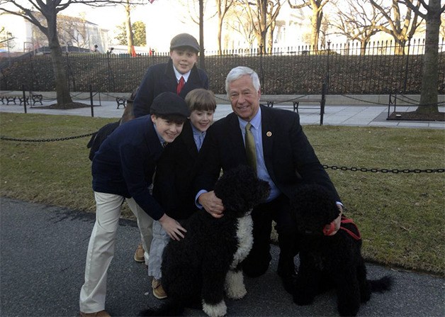 The Smiley children pose with Rep. Mike Michaud and Bo and Sunny.