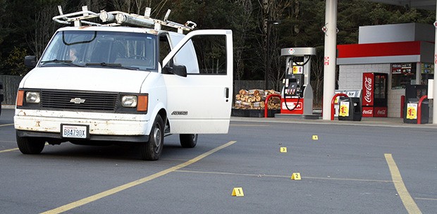 A Kitsap County Sheriff's Office spokesman says the unidentified 40-year-old driver of this van shot a 35-year-old Bremerton man at the Fred Meyer gas station in East Bremerton Tuesday afternoon.