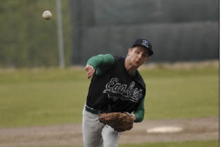 Klahowya pitcher Eric Eley fires a pitch during the second inning of Tuesday’s game between the Eagles and North Kitsap. Eley allowed four runs in three innings of work in the 6-1 loss.