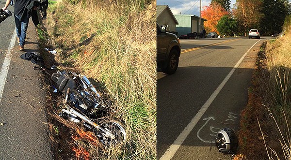 LEFT: A crashed Harley Davidson lies in a ditch along State Route 302. RIGHT: The Harley rider's helmet was found several feet down the road from where the Harley stopped.