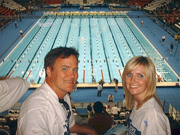 Bruce Waterbury and his daughter Kristi Balant plan to swim from Alcatraz to San Francisco Sept. 14. They are seen here at the Olympic Swim Trials in Omaha