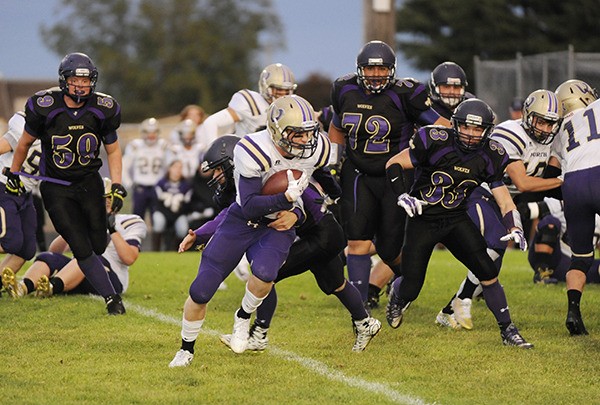 North Kitsap’s Sean Crowell avoids Sequim tacklers in the first quarter of the Vikings' 27-10 win at Sequim on Sept. 25.