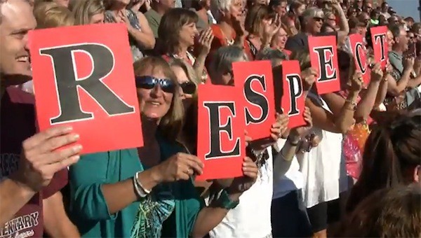 Staff and teachers from the South Kitsap School District gathered at Joe Knowles Field on Aug. 27 to send a message to U.S. Education Secretary Arne Duncan.