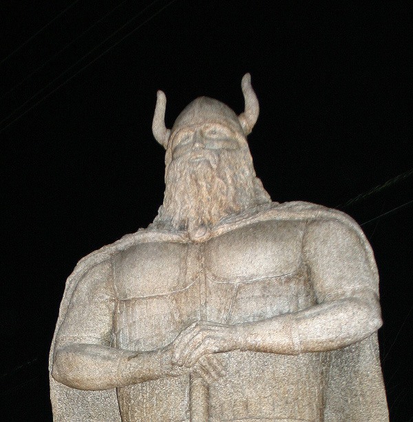 The 12-foot Norseman sculpture by Mark Gale was unveiled Friday at Viking Avenue and Lindvig Way