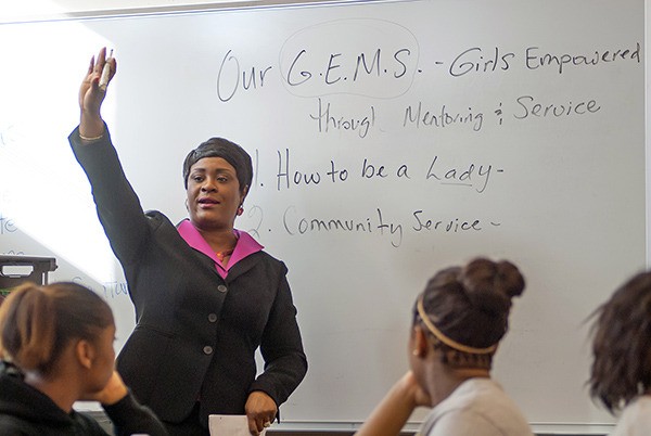 OurGEMS mentor Vicki Collins leads a classroom discussion at Bremerton High School on Feb. 23.
