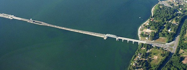 An aerial view of the eastern end of the Hood Canal Bridge.