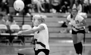 Kingston High School JV spiker Katie Lomas returns a volley during home action against Port Angeles.