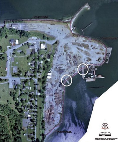 Pope Resources wants the removal of the two docks circled to mitigate the impact of their planned dock on the north side of Port Gamble.