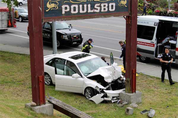 The driver of a sedan was airlifted to a hospital after crashing the car into the Welcome to Poulsbo sign on the northbound side of Highway 305 in Poulsbo