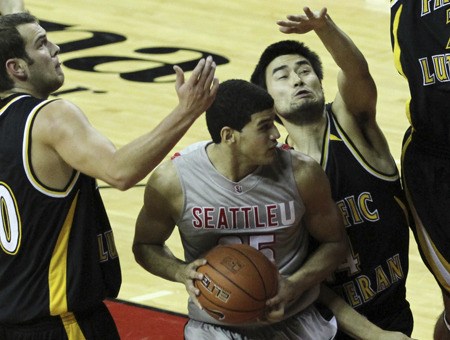 Seattle University sophomore forward Brandon Durham fights traffic in the post during the team’s Oct. 31 exhibition game against Pacific Lutheran University. Durham led Central Kitsap High School in his senior season with 15.7 points per game in 2009.