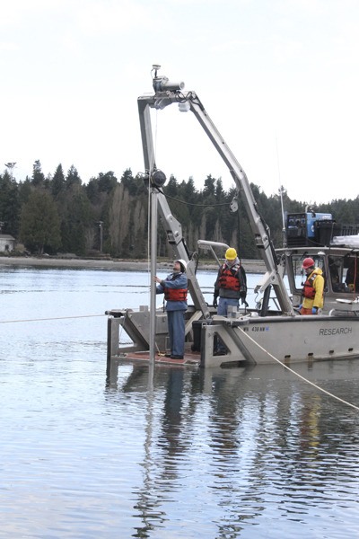 Biologists with Grette and Associates test soil in Appletree Cove Feb. 25 for the Port of Kingston.