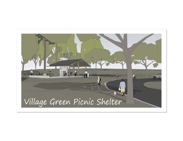 An architect’s rendering of the proposed picnic shelter at Village Green Park.