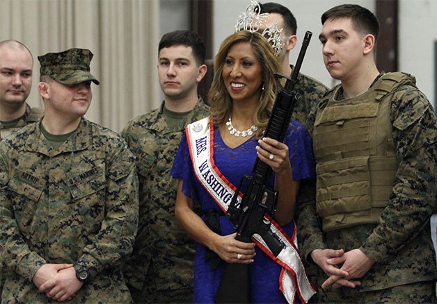 Mrs. Washington United States Regan Weigel poses with Marines at this year’s Military Appreciation Day.