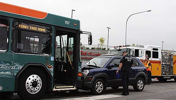 A Kitsap Transit ferry take home bus and a Hyundai Tucson collided at the intersection of Kitsap Way and Shorewood Drive shortly after 4 p.m. Tuesday