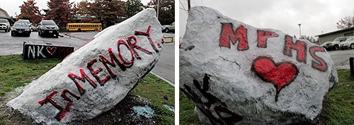 North Kitsap High School students painted the rock on Caldart Avenue as a tribute to the victims of the Oct. 24 shooting at Marysville-Pilchuck High School.