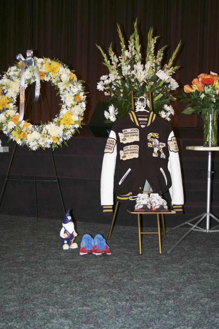 Dale Macomber's old South Kitsap High School letterman's jacket is displayed at a memorial service held Tuesday at the Christian Life Center in Port Orchard.