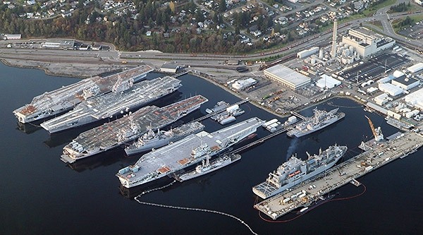 An aerial view of the Puget Sound Naval Shipyard and Intermediate Maintenance Facility in Bremerton