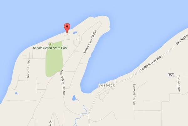 A boater was rescued from Hood Canal near Misery Point. A mark shows the location of NW Rhoda Lane.
