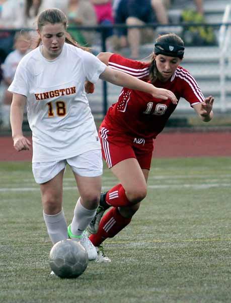 Kingston's Ashlynn McDonald works her way down field during the girls varsity soccer team's first game of the 2012-13 season (non-league) Sept. 4 at Buccaneer Field.