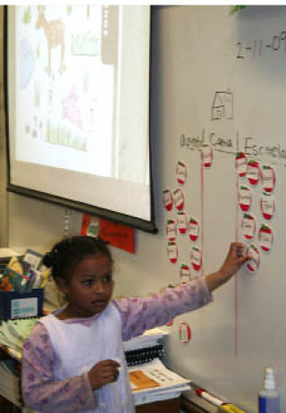 Students in Carmen Nickels’ kindergarten class at Naval Avenue Early Learning Center place their name tags on the board using the Spanish words for house