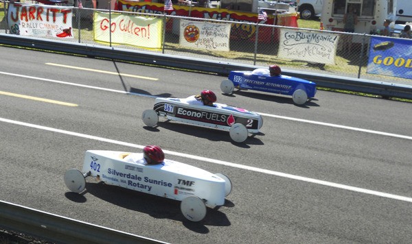Anthony Poggi (in white car)  placed No. 8 in the All-American Soap Box Derby stock division.