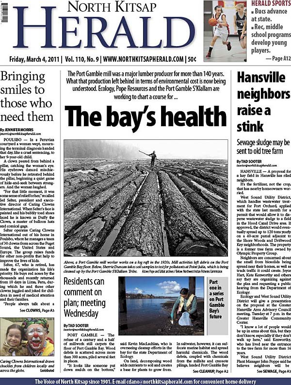 The cleanup of Port Gamble Bay is the top story in the March 4 North Kitsap Herald. The story is the first in a series on Port Gamble Bay's future. The Herald consists of 40 pages in two sections