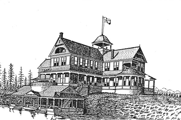 An illustration shows the “Hotel Del Monte” of Puget Sound. The hotel was never constructed and became part of Kingston lore.