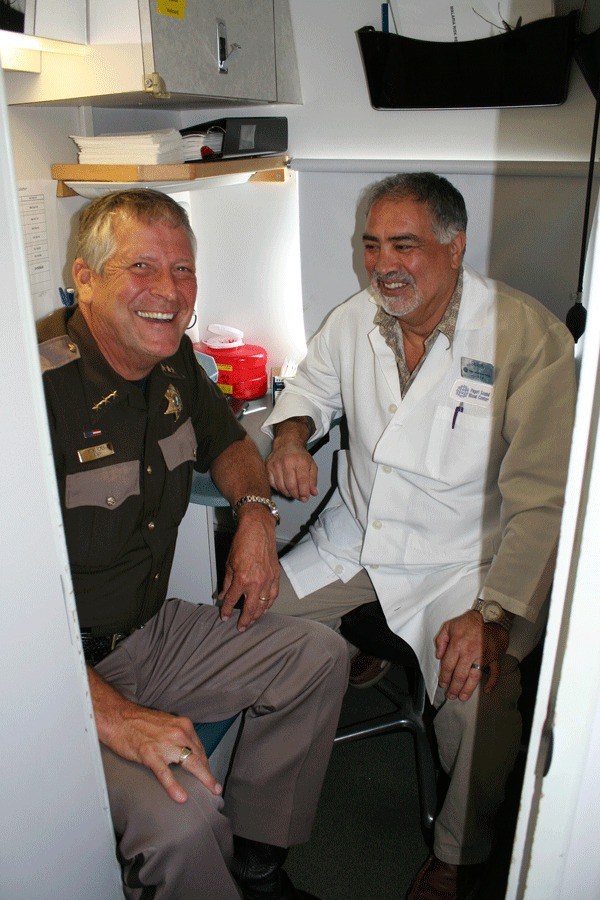 Kitsap County Sheriff Steve Boyer visited a blood drive at the Kitsap Mall north parking lot earlier today. Puget Sound Blood Center will operate the drive until 6 p.m. Friday.