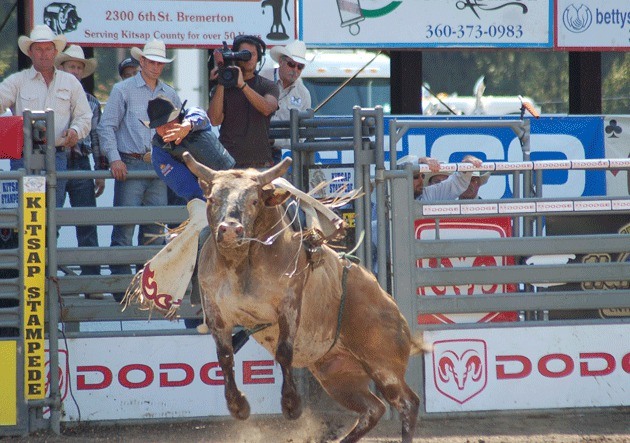 A cowboy holds on tight during the Xtreme Bulls competition at the 2009 Kitsap County Fair and Stampede.