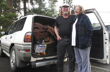 Rose Malott and Paul Irish live out of their car in Poulsbo. The two are just some of the area homeless North Kitsap Fishline has helped in recent weeks. The number of homeless in the area is on the rise